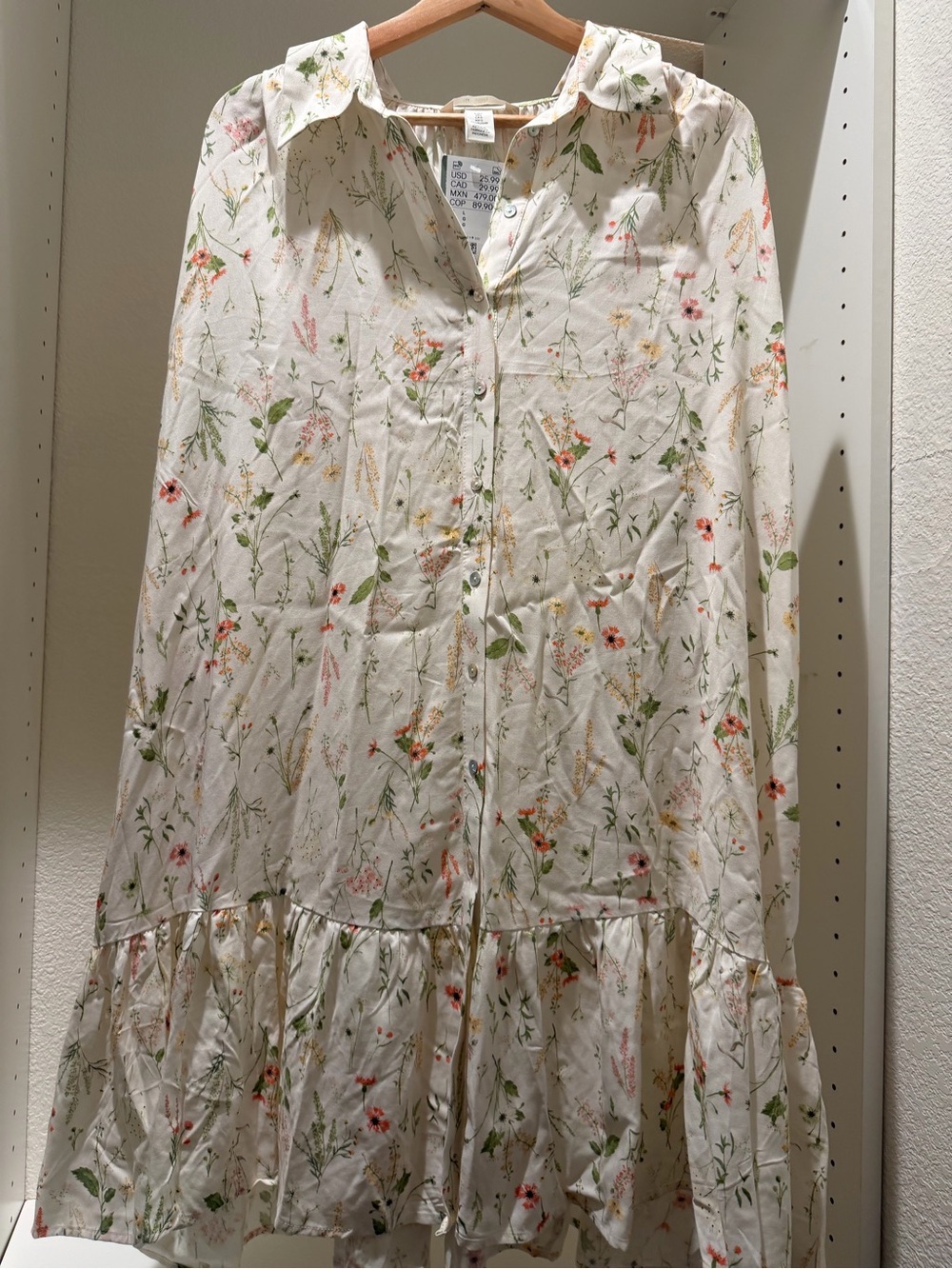 H&M Cream Floral Asymmetrical Button-Front Dress